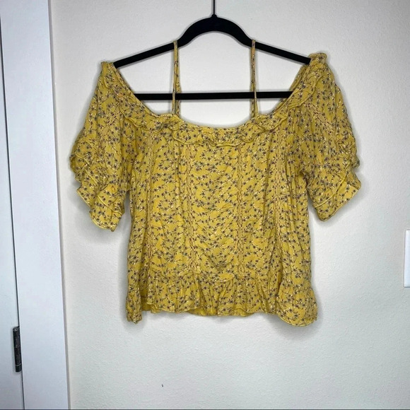 American Eagle Yellow and Blue Floral Print Off The Shoulder Top Ruffles Straps - Picture 11 of 12